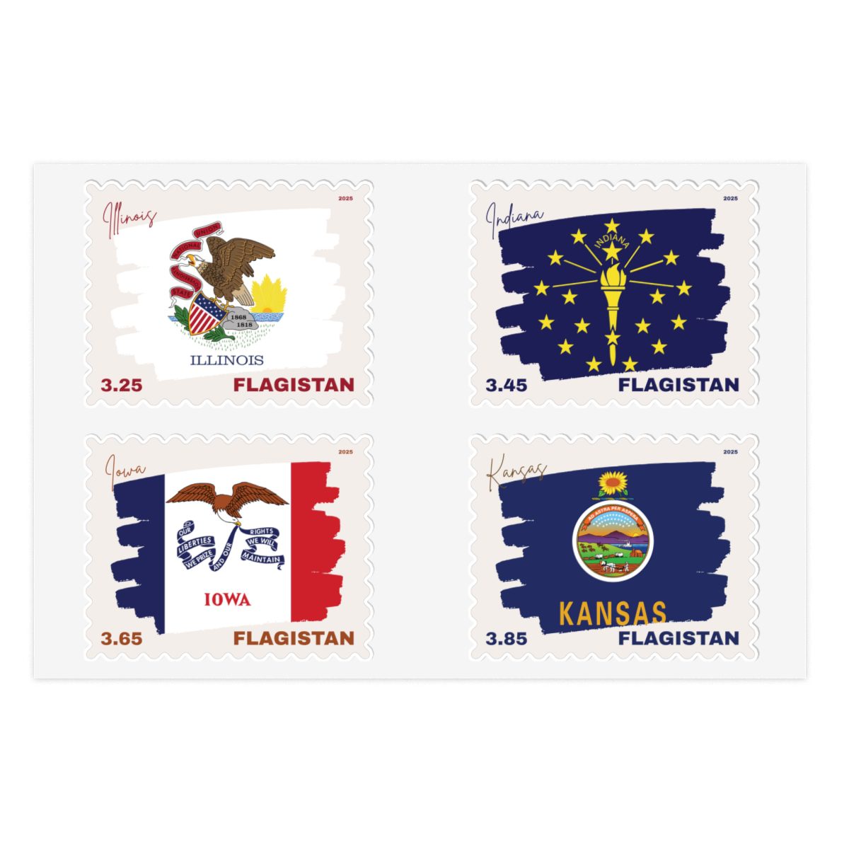 Flagistan Post US States Flags of Illinois Indiana Iowa Kansas Stamps - Image 3