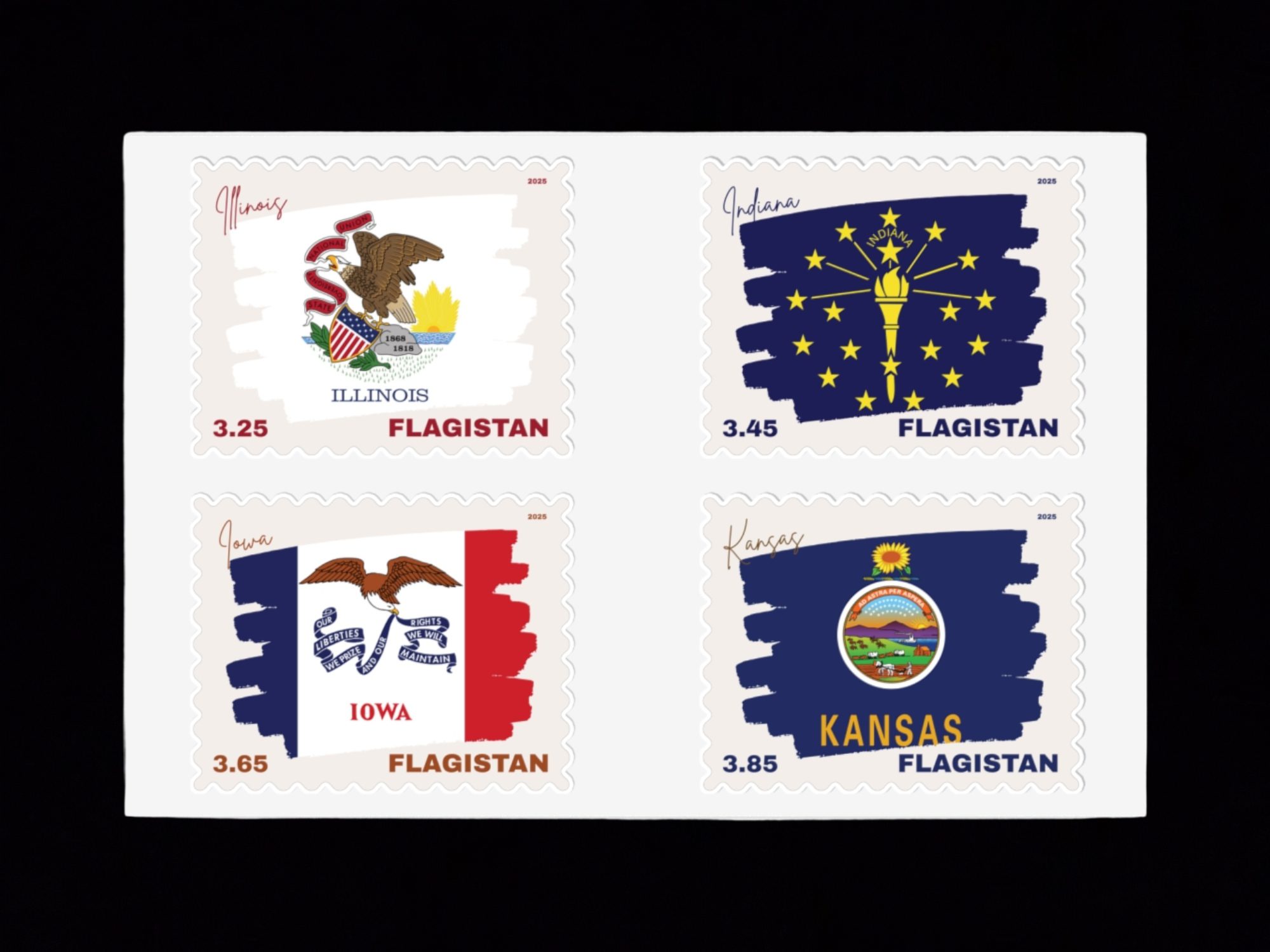 Flagistan Post US States Flags of Illinois Indiana Iowa Kansas Stamps