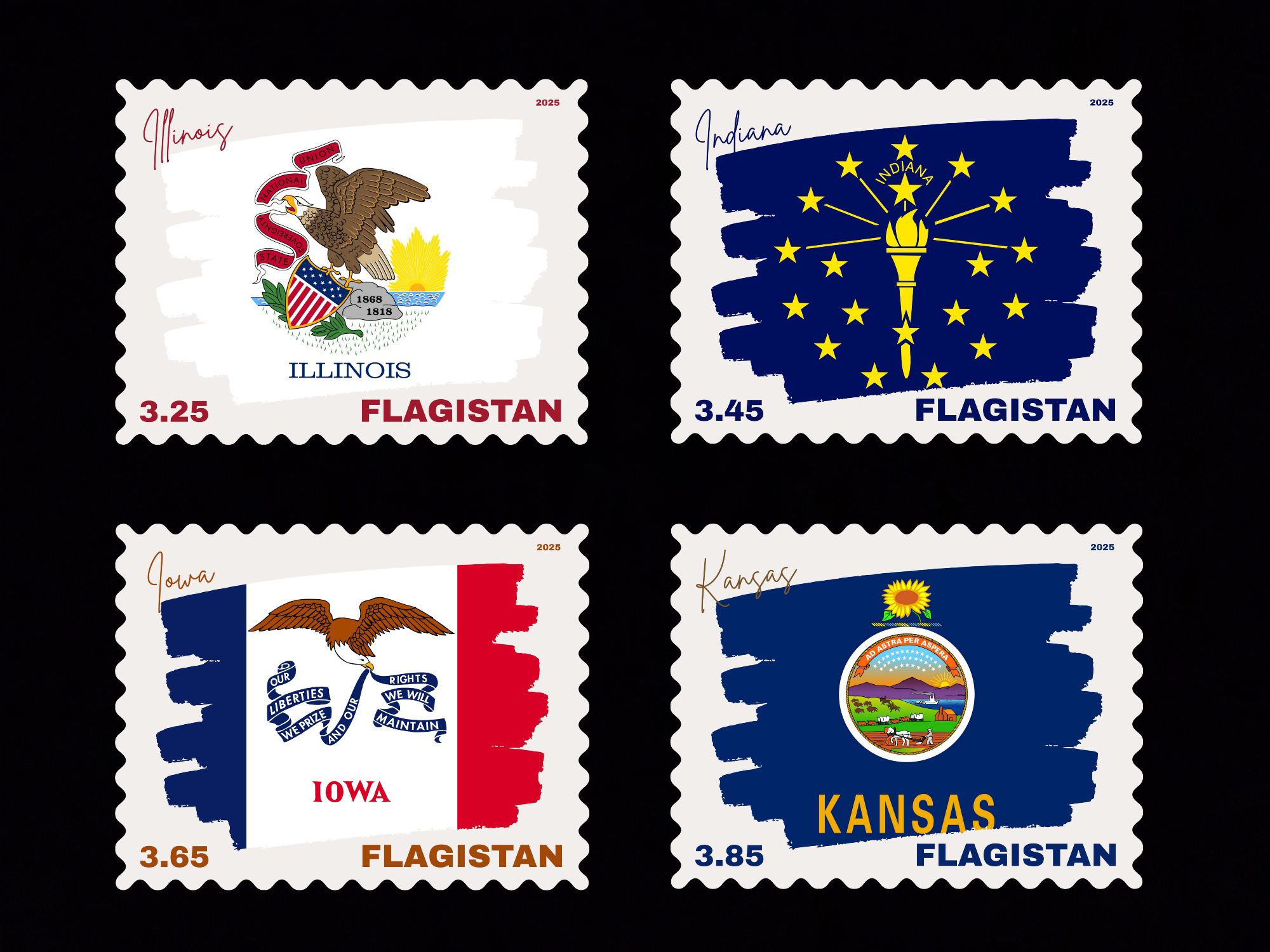 Flagistan Post US States Flags of Illinois Indiana Iowa Kansas Stamps - Image 2