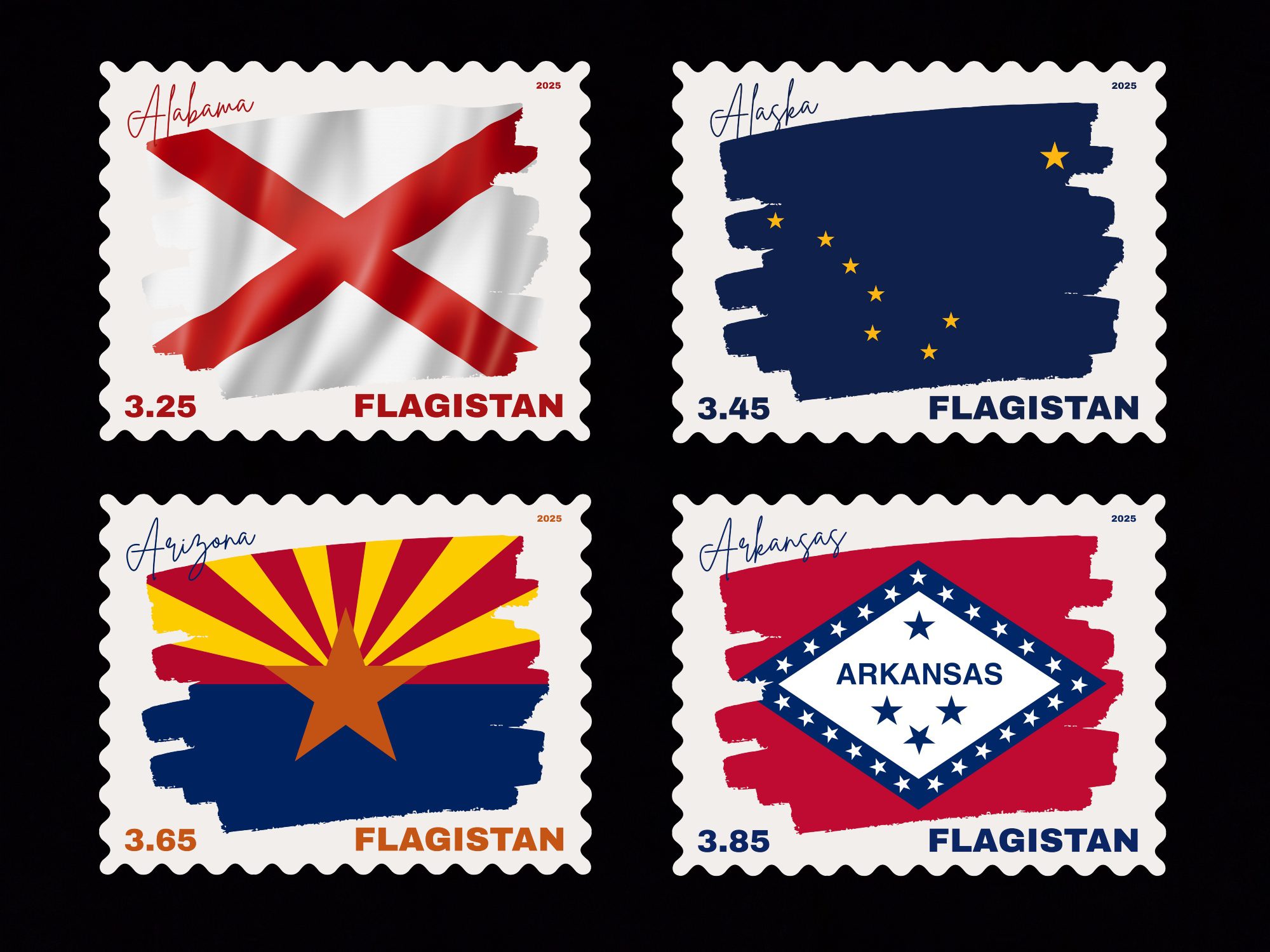 Flagistan Post US States Flags of Alabama Alaska Arizona Arkansas Stamps - Image 2