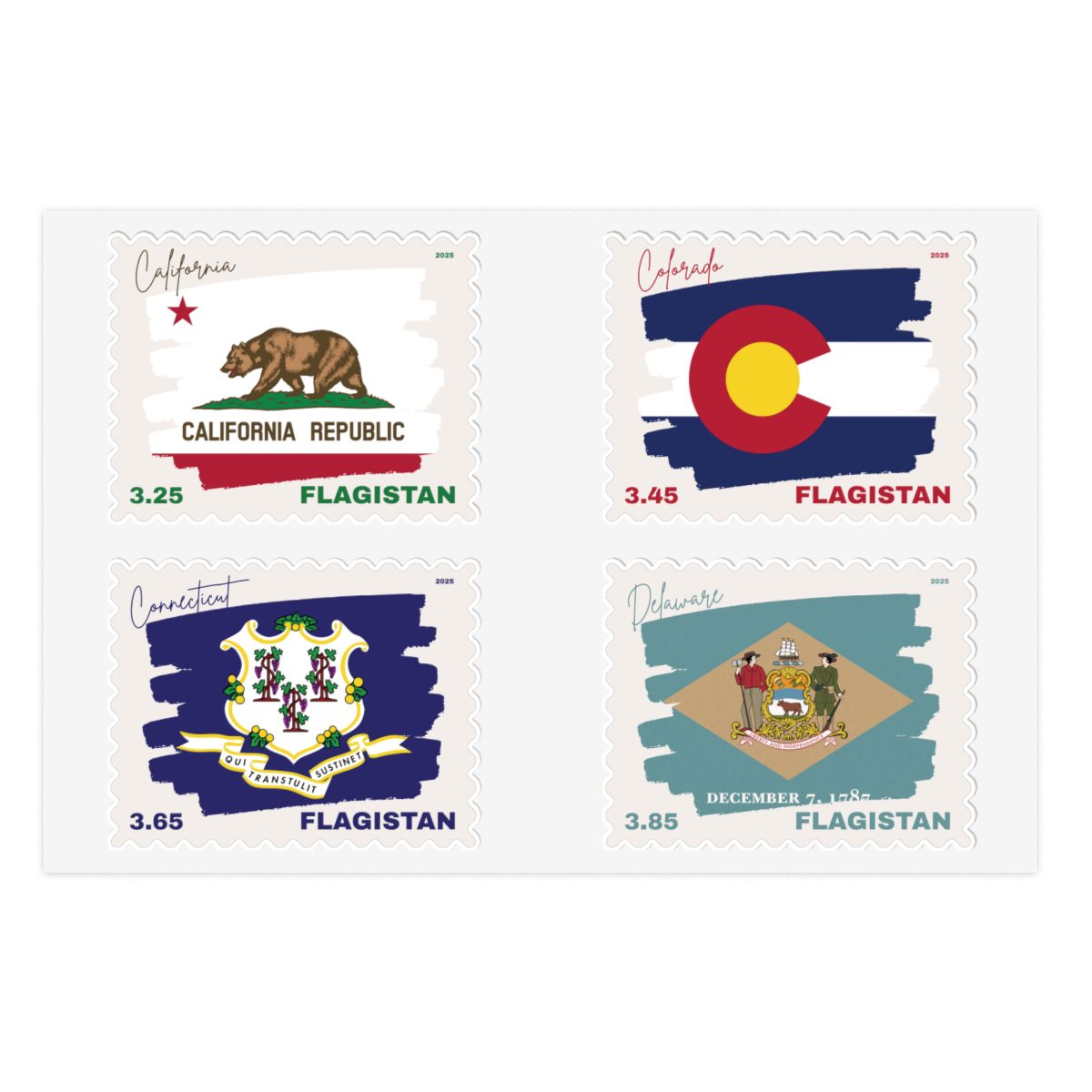 Flagistan Post US States Flags of California Colorado Connecticut Delaware Stamps - Image 3