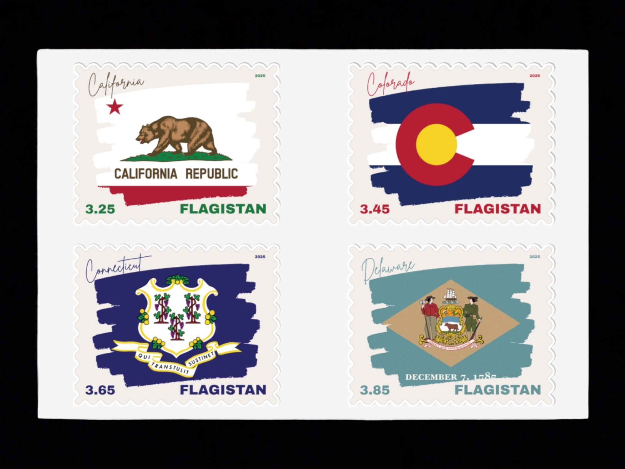 Flagistan Post US States Flags of California Colorado Connecticut Delaware Stamps