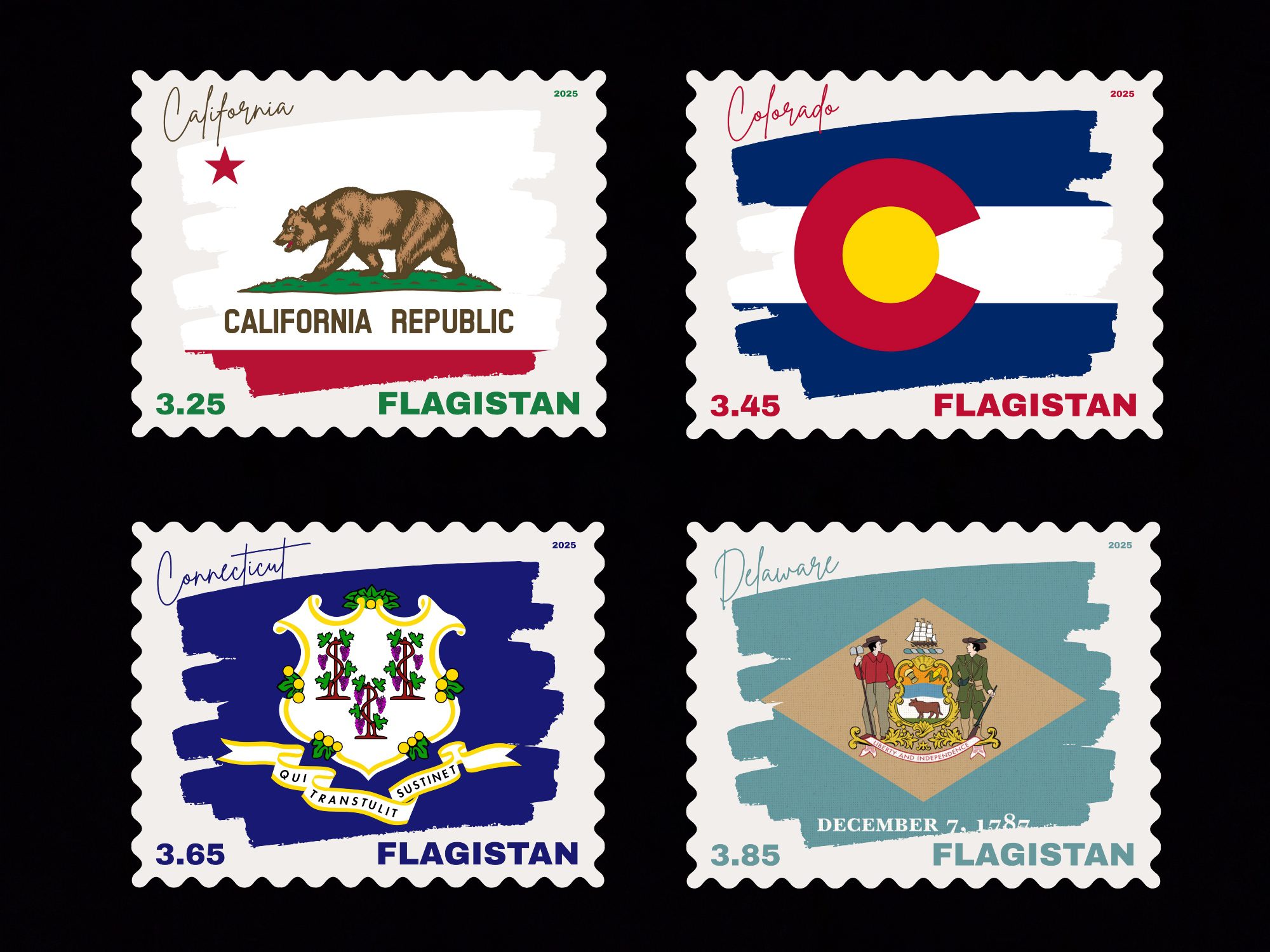 Flagistan Post US States Flags of California Colorado Connecticut Delaware Stamps - Image 2