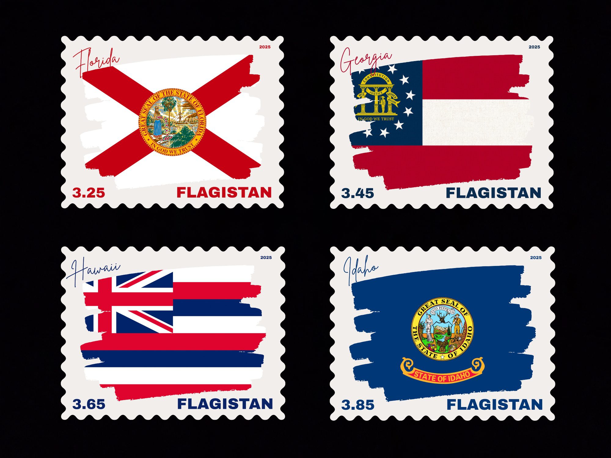 Flagistan Post US States Flags of Florida Georgia Hawaii Idaho Stamps - Image 2